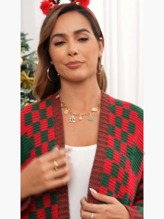 Oversized Checkered Cardigan, Long Sleeve Open Front Knit Sweater - Picture 7 of 7